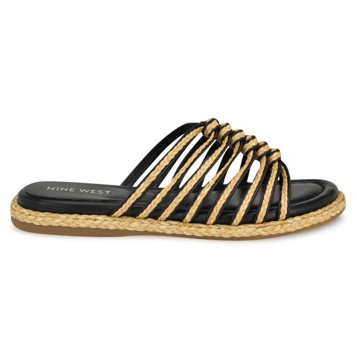 Adila Flat Espadrille Sandals Black Raffia Women Nine West Low Heel