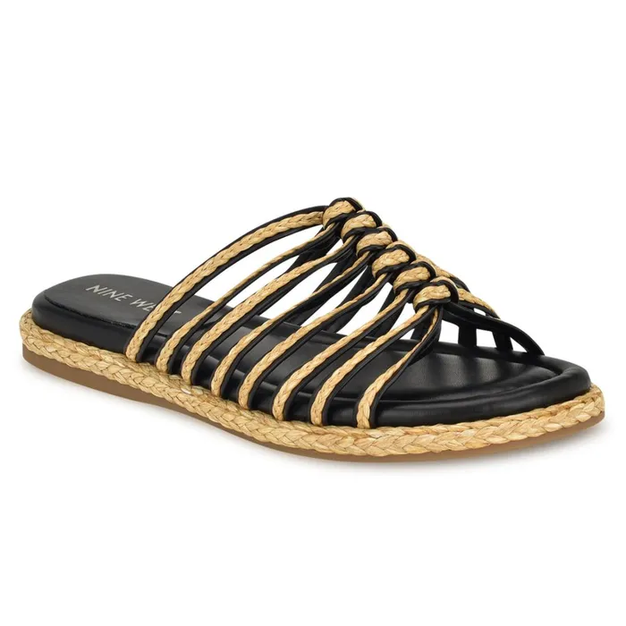 Adila Flat Espadrille Sandals Black Raffia Women Nine West Low Heel Adila Flat Espadrille Sandals Black Raffia Women Nine West Low Heel