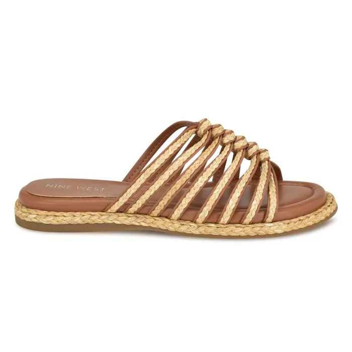 Adila Flat Espadrille Sandals Brown Raffia Women Nine West Low Heel