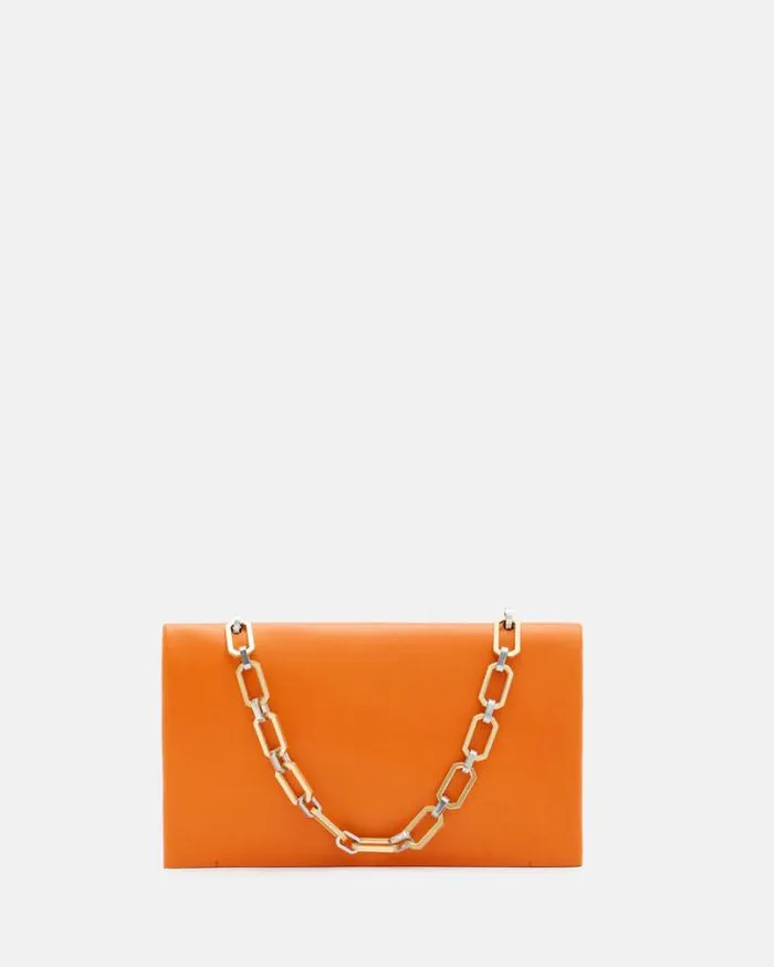 Akira Leather Removable Chain Clutch Bag Pyrole Orange Women AllSaints Handbags and Wallets Akira Leather Removable Chain Clutch Bag Pyrole Orange Women AllSaints Handbags and Wallets