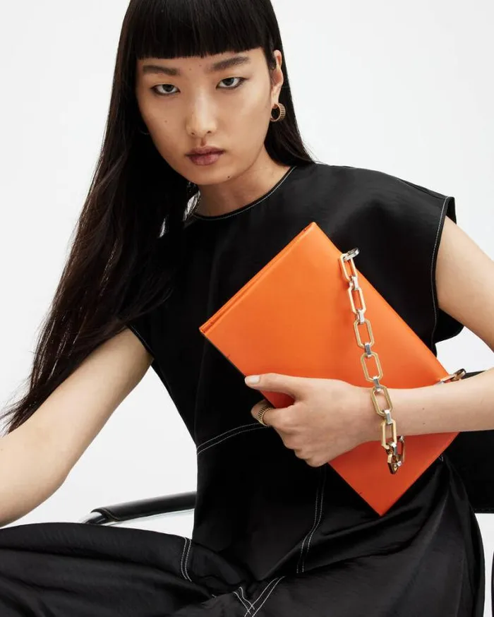 Akira Leather Removable Chain Clutch Bag Pyrole Orange Women AllSaints Handbags and Wallets Akira Leather Removable Chain Clutch Bag Pyrole Orange Women AllSaints Handbags and Wallets