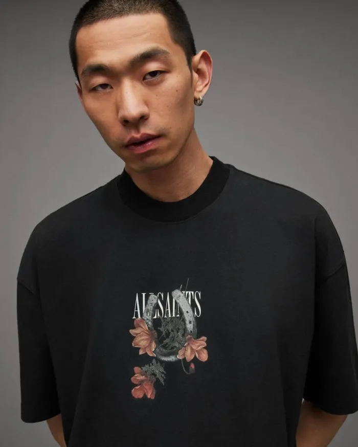 Amulet Oversized Horseshoe Print TShirt Jet Black Men AllSaints TShirts
