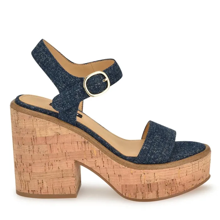 Amye Ankle Strap Wedge Sandals Denim Women Nine West High Heels