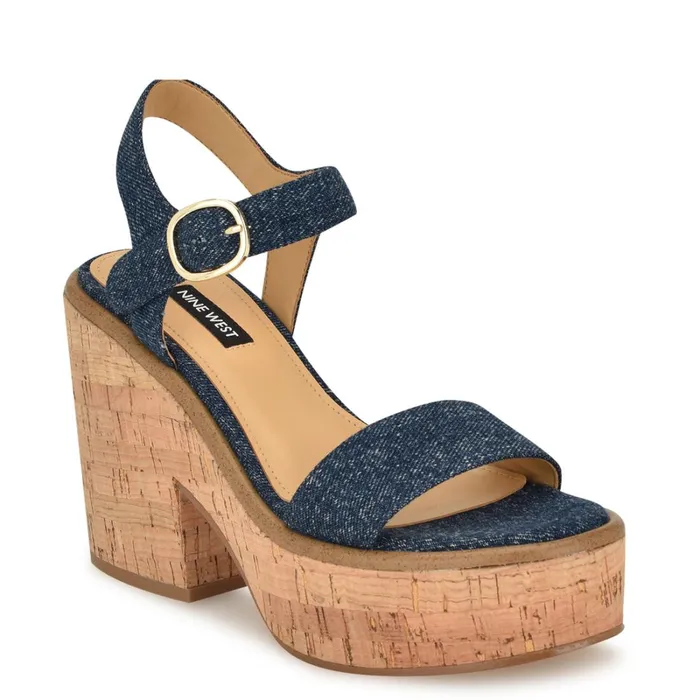 Amye Ankle Strap Wedge Sandals Denim Women Nine West High Heels Amye Ankle Strap Wedge Sandals Denim Women Nine West High Heels