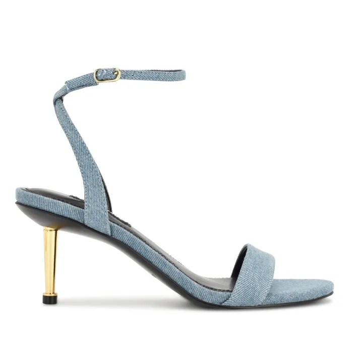 Anny Ankle Strap Heeled Sandals Blue Denim Fabric Women Nine West Heeled