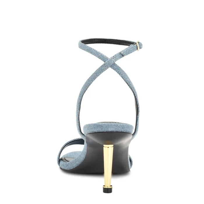 Anny Ankle Strap Heeled Sandals Blue Denim Fabric Women Nine West Heeled Anny Ankle Strap Heeled Sandals Blue Denim Fabric Women Nine West Heeled