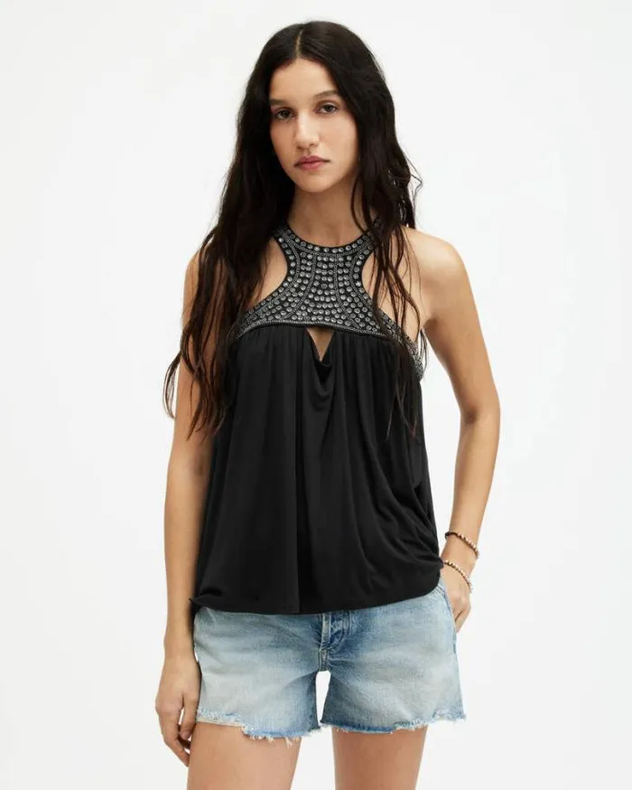 Arizona Embellished Racer Neck Top Black Women AllSaints Tops and Shirts