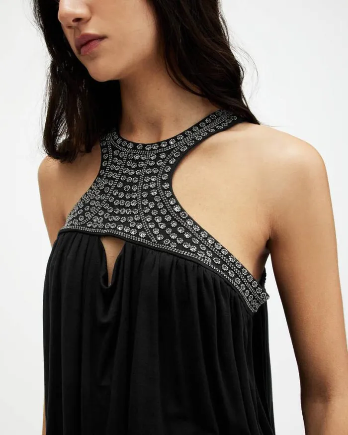 Arizona Embellished Racer Neck Top Black Women AllSaints Tops and Shirts