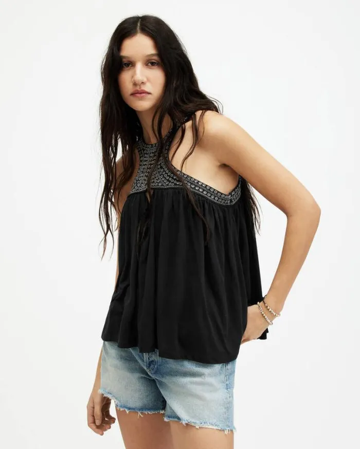 Arizona Embellished Racer Neck Top Black Women AllSaints Tops and Shirts