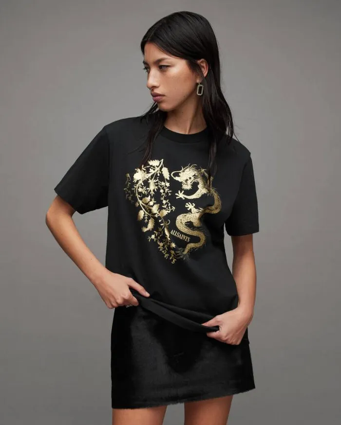 Auru Oversized Dragon Print TShirt Black Women AllSaints Tops and Shirts
