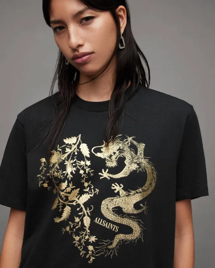 Auru Oversized Dragon Print TShirt Black Women AllSaints Tops and Shirts