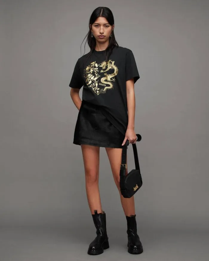 Auru Oversized Dragon Print TShirt Black Women AllSaints Tops and Shirts