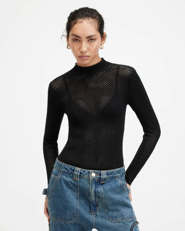 Avril Roll Neck Open Stitch Sweater Black Women AllSaints Sweaters