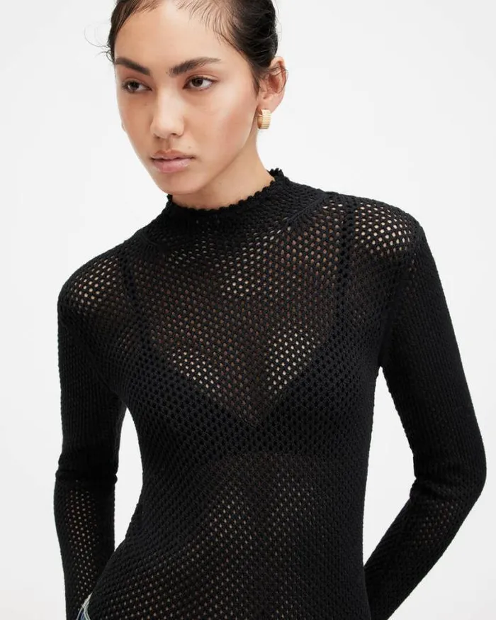 Avril Roll Neck Open Stitch Sweater Black Women AllSaints Sweaters