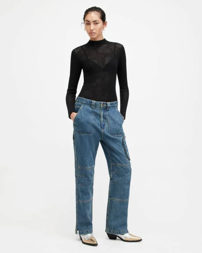 Avril Roll Neck Open Stitch Sweater Black Women AllSaints Sweaters