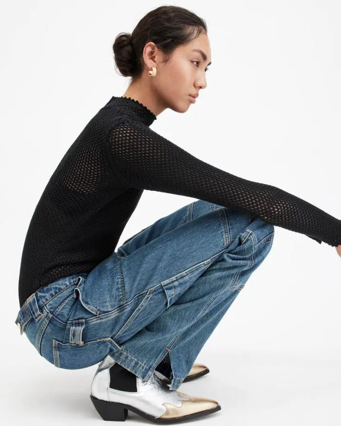Avril Roll Neck Open Stitch Sweater Black Women AllSaints Sweaters