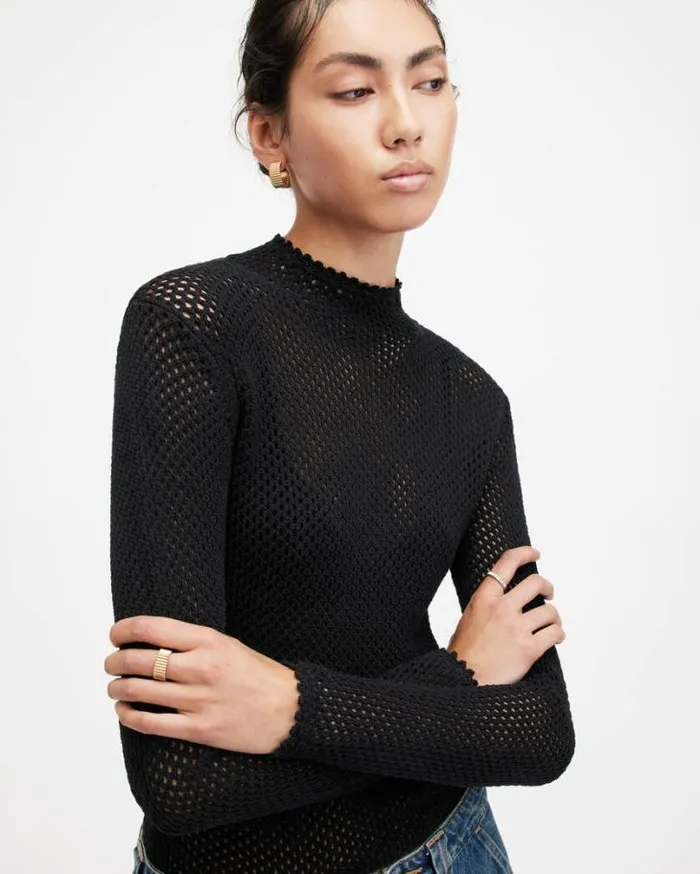 Avril Roll Neck Open Stitch Sweater Black Women AllSaints Sweaters