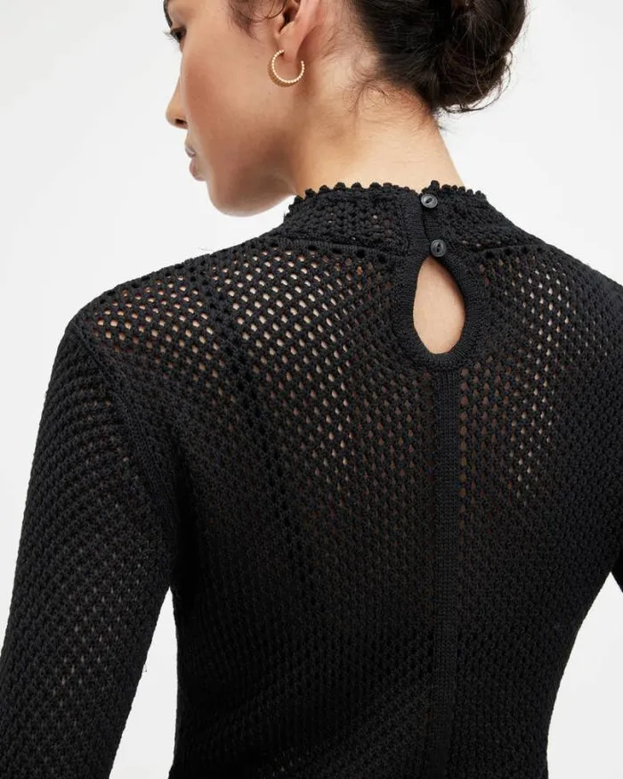 Avril Roll Neck Open Stitch Sweater Black Women AllSaints Sweaters
