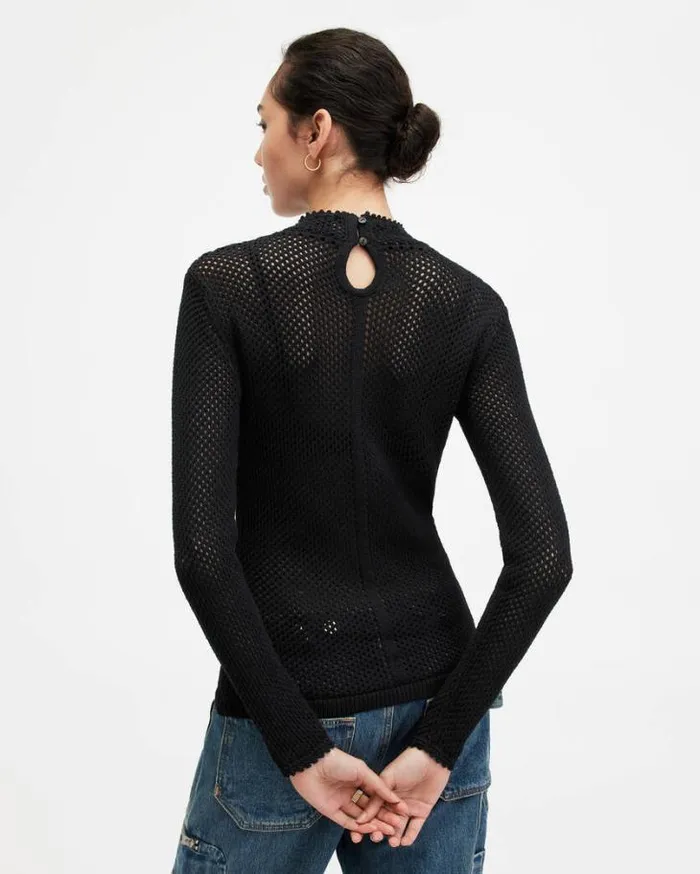 Avril Roll Neck Open Stitch Sweater Black Women AllSaints Sweaters