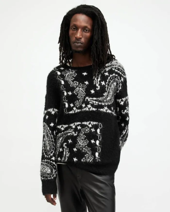 Bandana Paisley Jacquard Brushed Jumper Black Men AllSaints Sweaters