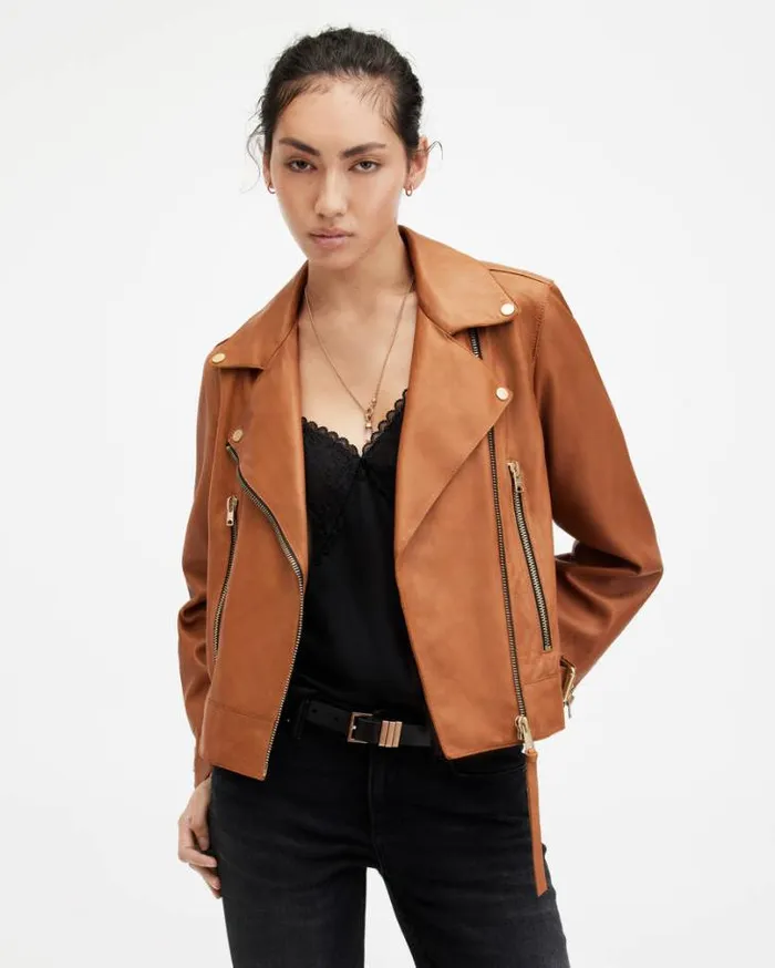 Beale Slim Fit Leather Biker Jacket Cognac Brown Women AllSaints Jackets and Coats