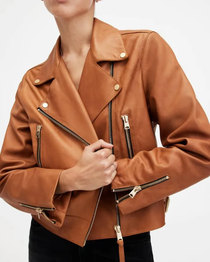 Beale Slim Fit Leather Biker Jacket Cognac Brown Women AllSaints Jackets and Coats Beale Slim Fit Leather Biker Jacket Cognac Brown Women AllSaints Jackets and Coats