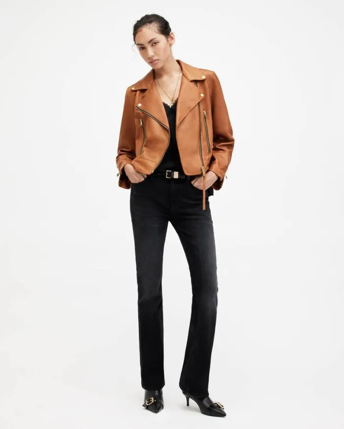 Beale Slim Fit Leather Biker Jacket Cognac Brown Women AllSaints Jackets and Coats Beale Slim Fit Leather Biker Jacket Cognac Brown Women AllSaints Jackets and Coats