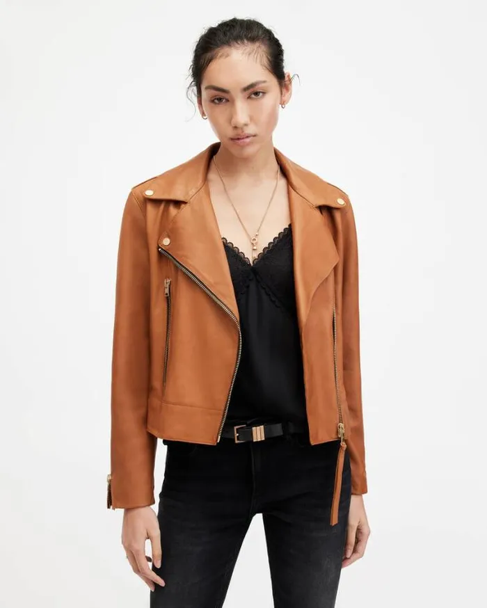 Beale Slim Fit Leather Biker Jacket Cognac Brown Women AllSaints Jackets and Coats Beale Slim Fit Leather Biker Jacket Cognac Brown Women AllSaints Jackets and Coats