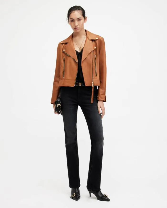 Beale Slim Fit Leather Biker Jacket Cognac Brown Women AllSaints Jackets and Coats Beale Slim Fit Leather Biker Jacket Cognac Brown Women AllSaints Jackets and Coats