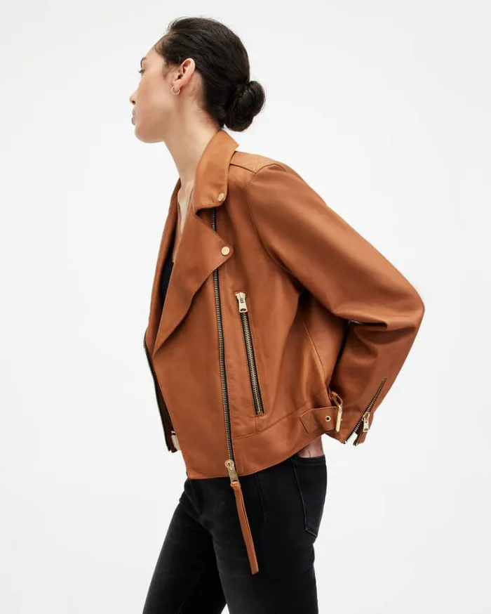 Beale Slim Fit Leather Biker Jacket Cognac Brown Women AllSaints Jackets and Coats Beale Slim Fit Leather Biker Jacket Cognac Brown Women AllSaints Jackets and Coats