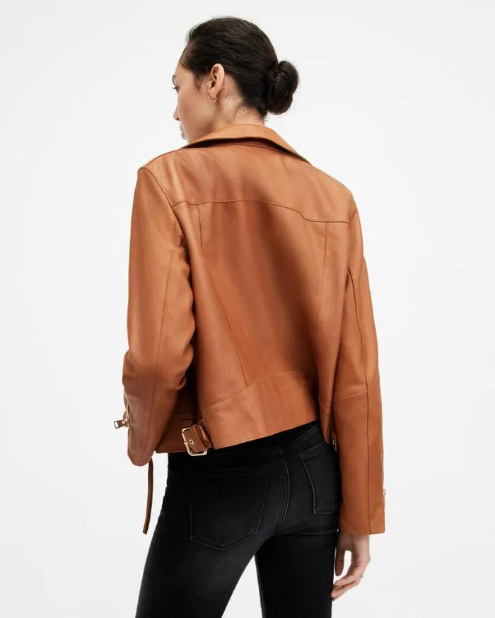 Beale Slim Fit Leather Biker Jacket Cognac Brown Women AllSaints Jackets and Coats Beale Slim Fit Leather Biker Jacket Cognac Brown Women AllSaints Jackets and Coats