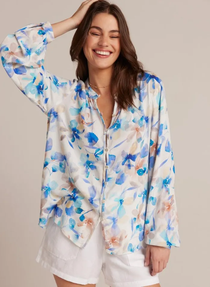 Bella Dahl Button Loop Front Shirt 8211 Malibu Floral Print Women Long Sleeve
