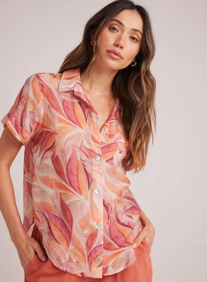 Bella Dahl Cuffed Short Sleeve Shirt 8211 Painted Leaves Print Women Short Sleeve