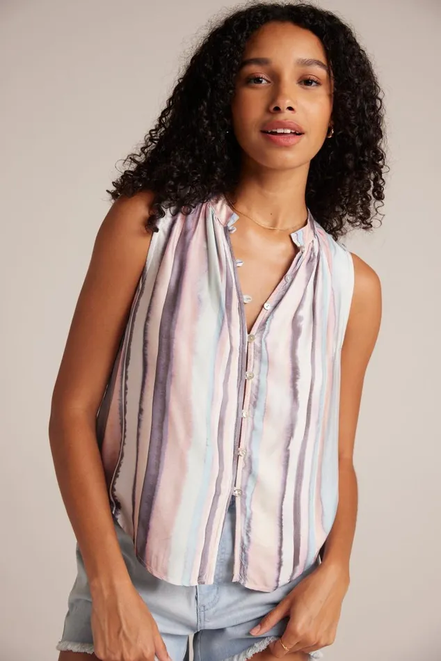 Bella Dahl Sleeveless Shirred Shoulder Blouse 8211 Coastal Stripe Print Women Sleeveless