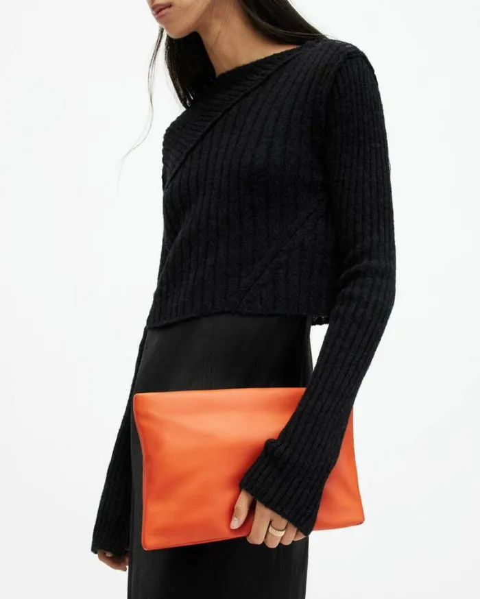 Bettina Chain Leather Clutch Bag Pyrole Orange Women AllSaints Handbags and Wallets Bettina Chain Leather Clutch Bag Pyrole Orange Women AllSaints Handbags and Wallets