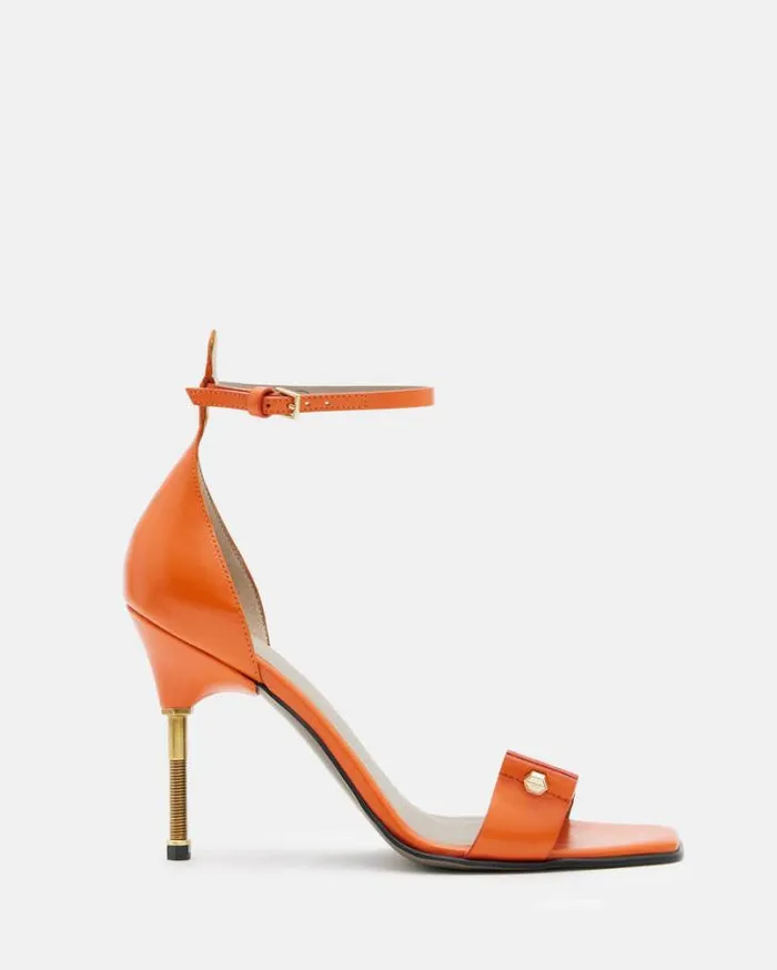 Betty Square Toe Leather Heeled Sandals Zesty Orange Women AllSaints Shoes and Boots