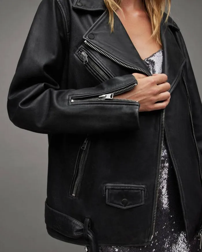 Billie Oversized Leather Biker Jacket Black Women AllSaints Leather Jackets