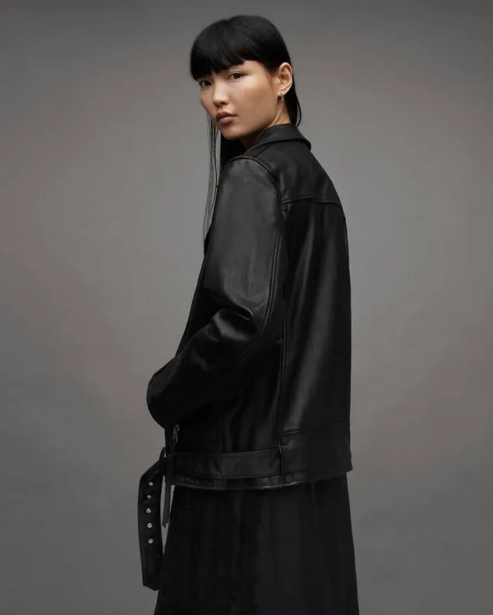 Billie Oversized Leather Biker Jacket Black Women AllSaints Leather Jackets