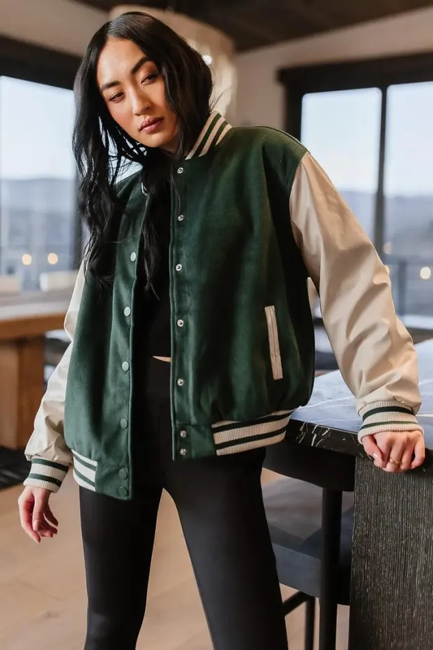 Bohme Outerwear Call The Shots Varsity Jacket In Green 8211 FINAL SALE Green 8211 Women