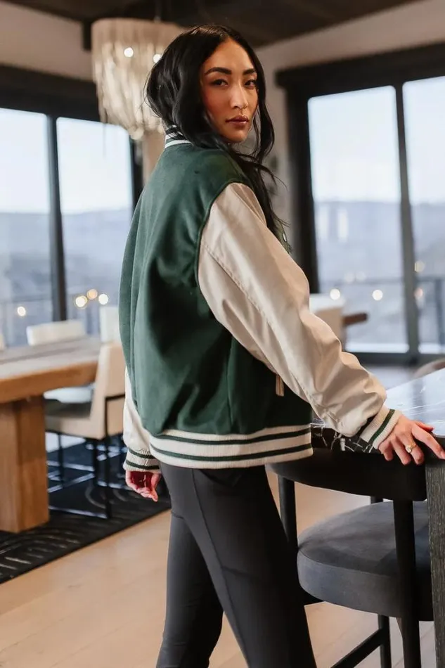 Bohme Outerwear Call The Shots Varsity Jacket In Green 8211 FINAL SALE Green 8211 Women Bohme Outerwear Call The Shots Varsity Jacket In Green 8211 FINAL SALE Green 8211 Women