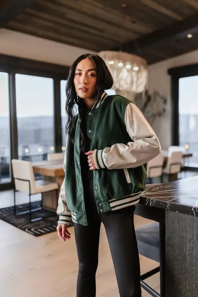 Bohme Outerwear Call The Shots Varsity Jacket In Green 8211 FINAL SALE Green 8211 Women Bohme Outerwear Call The Shots Varsity Jacket In Green 8211 FINAL SALE Green 8211 Women