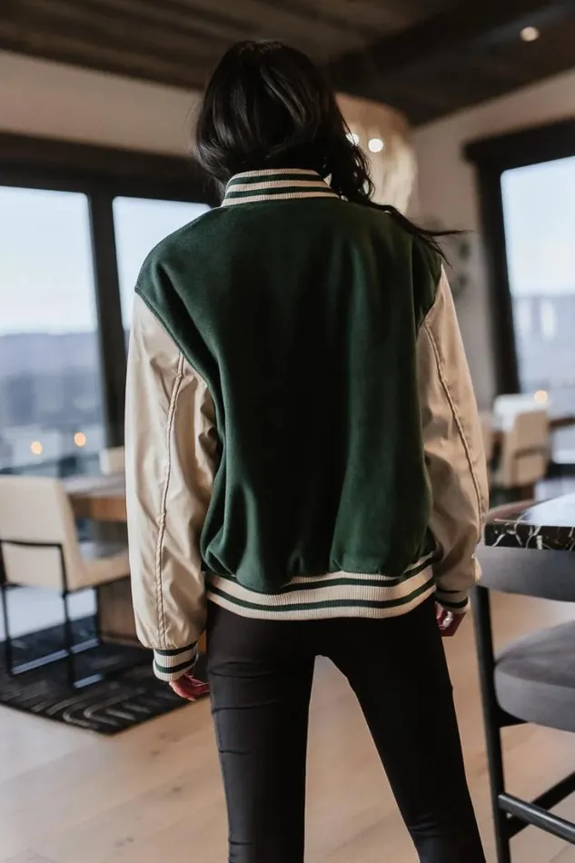 Bohme Outerwear Call The Shots Varsity Jacket In Green 8211 FINAL SALE Green 8211 Women Bohme Outerwear Call The Shots Varsity Jacket In Green 8211 FINAL SALE Green 8211 Women