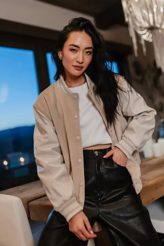 Bohme Outerwear Call The Shots Varsity Jacket In Mocha Mocha 8211 Women