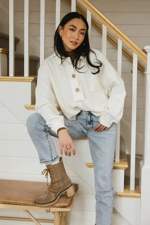 Bohme Tops Taylor Collared Henley Top 8211 FINAL SALE Cream 8211 Women