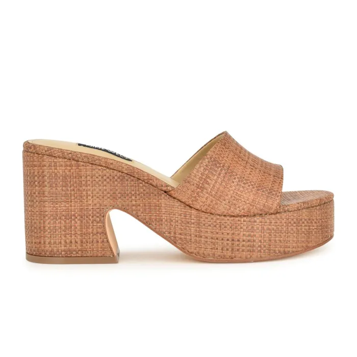 Boone Platform Slide Sandals Brown Raffia Women Nine West Casual