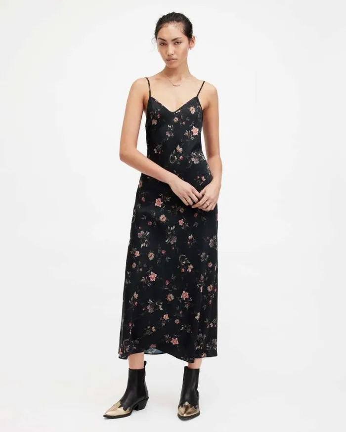 Bryony Tanana Slim Fit Midi Slip Dress Black Women AllSaints Dresses