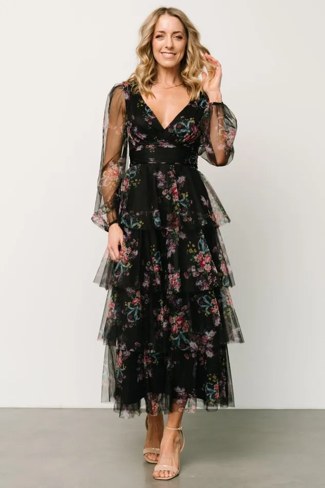 Carolina Tulle Tiered Maxi Dress Black Floral Women Baltic Born Tulle Styles