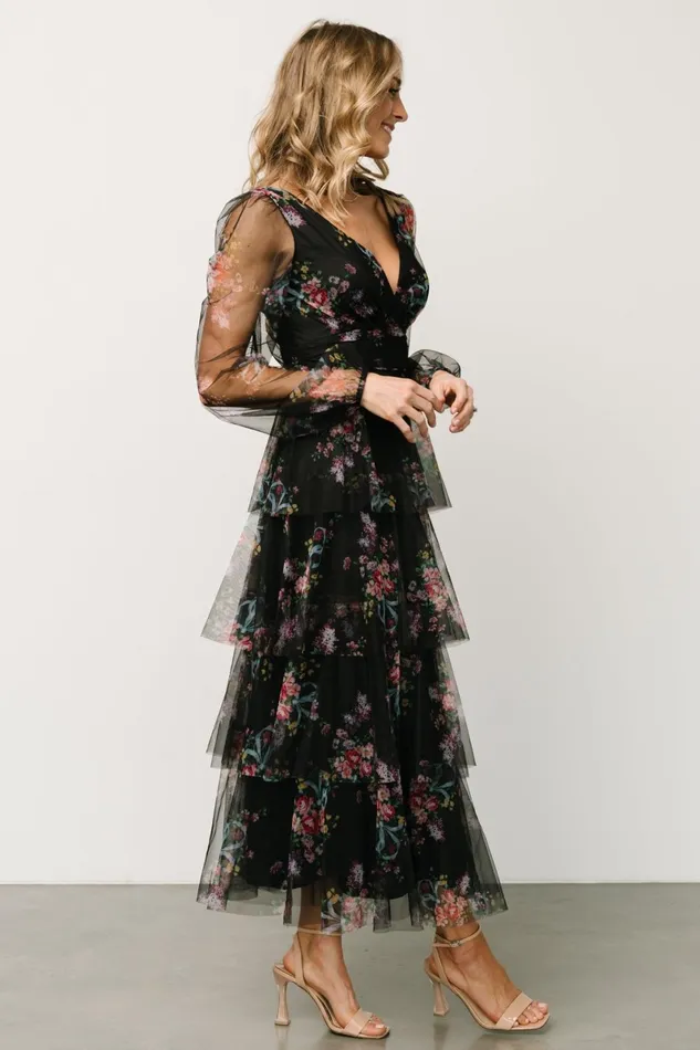 Carolina Tulle Tiered Maxi Dress Black Floral Women Baltic Born Tulle Styles Carolina Tulle Tiered Maxi Dress Black Floral Women Baltic Born Tulle Styles