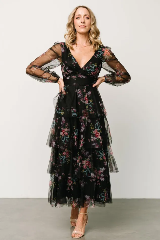 Carolina Tulle Tiered Maxi Dress Black Floral Women Baltic Born Tulle Styles Carolina Tulle Tiered Maxi Dress Black Floral Women Baltic Born Tulle Styles