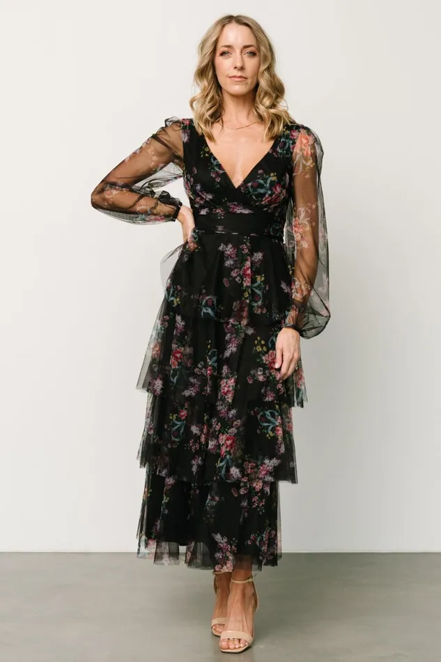 Carolina Tulle Tiered Maxi Dress Black Floral Women Baltic Born Tulle Styles Carolina Tulle Tiered Maxi Dress Black Floral Women Baltic Born Tulle Styles